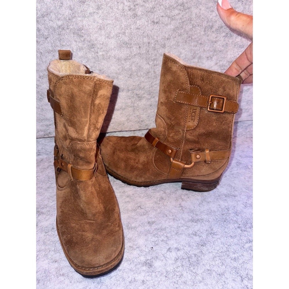 UGG Australia Womens Brown Suede Shearling Moto Engineer Boots 5684 Size 6.5